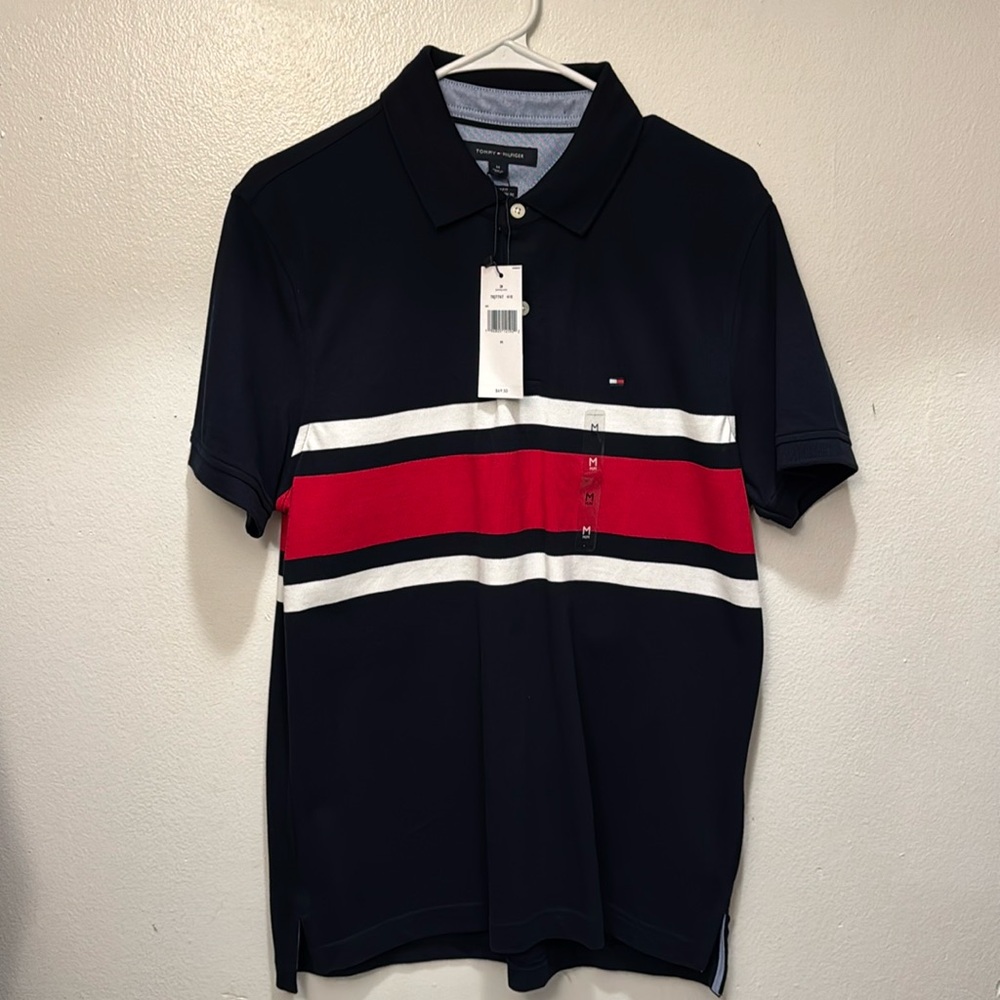 Tommy Hilfiger Men's Navy Polo with Red and White Stripe